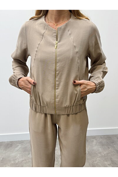 Maldia Shop Women's Zippered Jacket Pants Bottom-Top Mink Set