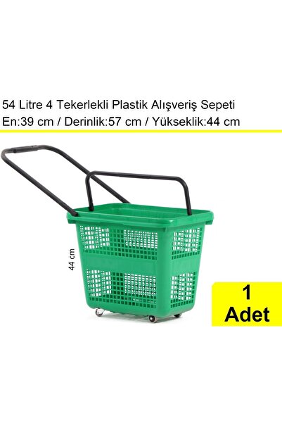 akdenizpos Tekerlekli Plastik Market Alışveriş El Sepeti 54 Litre Yeşil