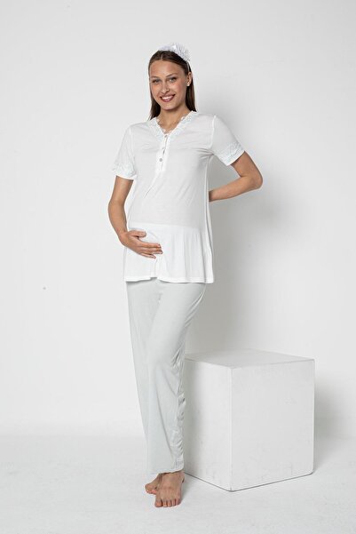 FLZ LOHUSA HAMİLE DANTEL DETAYLI KISA KOL PİJAMA TAKIMI EMZİRME HASTANE ÇIKIŞ...