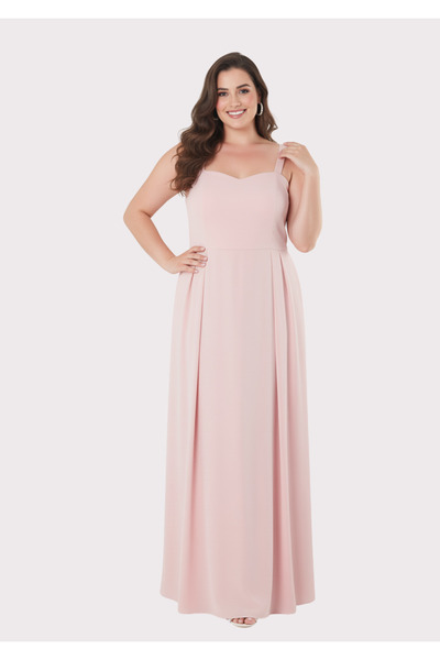 LİLAS XXL Büyük Beden Pudra Renkli Saten Uzun Abiye Elbise
