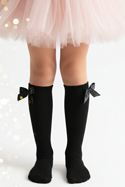 Parla Kids Момичешки чорапи до коляното с панделка / Черни AR-0090.2