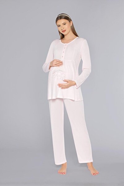 FLZ Pregnant Women's Long Sleeve Pajama Set with Buttons and Embroidery Detai...