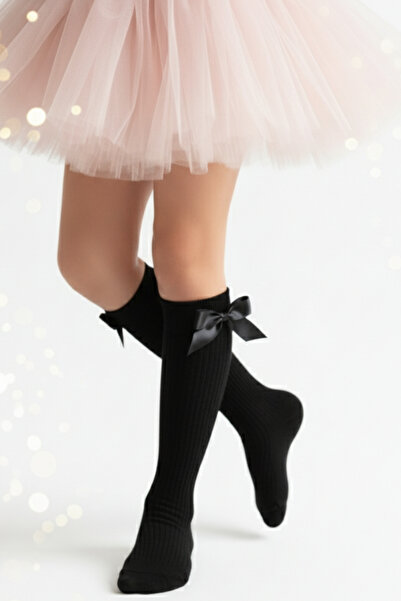 Parla Kids Момичешки чорапи до коляното с панделка / Черни AR-0090.2