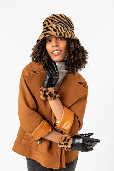 BALIENTE Black Leopard Detailed Leather Women's Gloves