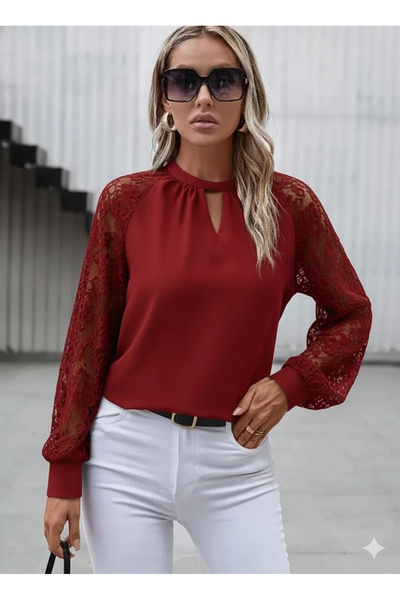 TBL DEKOR Women's long sleeve lace-trimmed sandy blouse with round neck