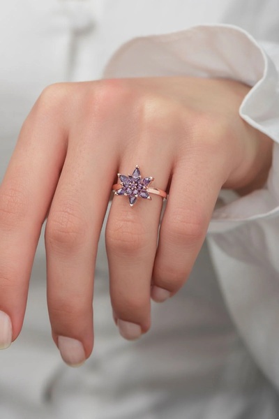 Ervanur Rose Altın Kaplama Mor Taşlı Lotus Çiçeği Kadın Yüzük