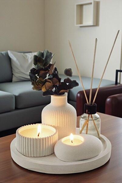 Akronistone Dekoratif Tepside 5 Li Hediyelik Set Vazo,kokulu Mum,Tealight Mumluk,Oda Kokusu