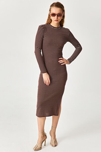 Kallisto Rochie cu mânecă lungă în dungi maro