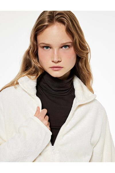 Koton Comfortable Fit Long Sleeve Pocket Zipper Stand Collar Plush Coat