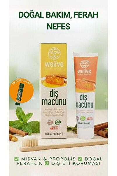 Welive Doğal Diş Macunu 100 ml – Misvak, Propolis, Yeşil Çay, Adaçayı, Nane ve Okaliptüs İçerikli