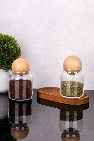 DNS HOME 2-Piece Glass Jar Set with Wooden Ball Lid Spice Bowl Set Glass Spice Bowl with Wooden Stand 300 ml