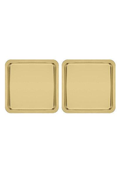 Kitchen Design Lab Paslanmaz Çelik Gold Renk Sunum Tepsisi 21 X21 Cm Çay Kahve Pasta Tatlı Servis Sunum Tepsisi 2 Adet