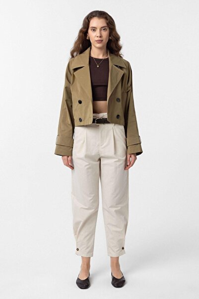 Antioch Χακί γυναικεία κοντή καμπαρντίνα με διπλό στήθος