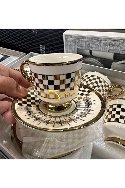 Tekbir Kare Desenli Gold Fincan Takımı