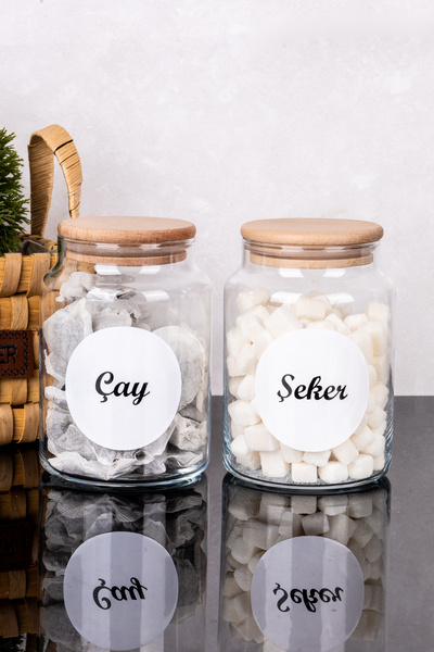 DNS HOME 2-Piece Glass Jar with Bamboo Lid Tea & Sugar Storage Container Glass Jar Set with Labels 800 ml