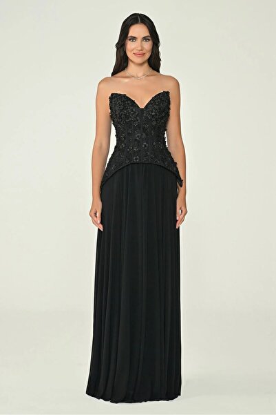 ALFABETA Black Strapless Sequin Corset with Long Chiffon Skirt Evening Dress