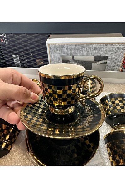 Tekbir Gold Kare Detaylı Siyah Kahve Fincan