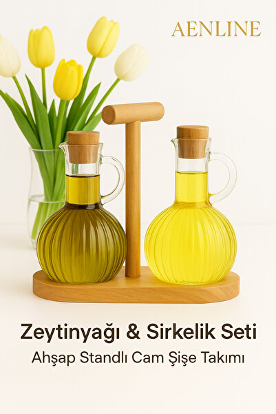 AENLINE HOME Premium Ahşap Saplı Zeytinyağı & Sirkelik Seti – Cam Şişe ve Sta...