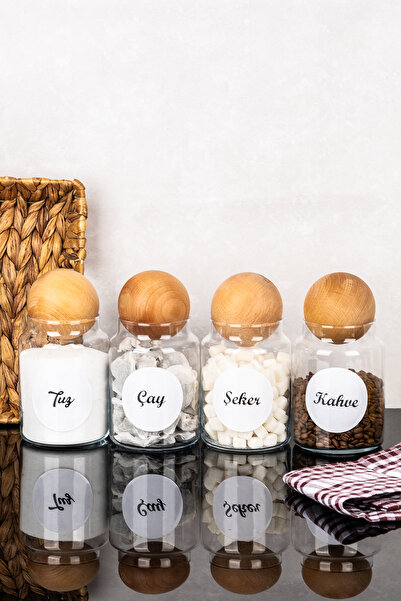 DNS HOME 4-Piece Wooden Ball Jar with Lid Set Tea Sugar Coffee Salt Label Storage Container Jar 800ml