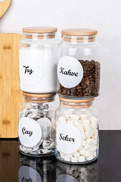 DNS HOME 4-Piece Glass Jar with Bamboo Lid Tea Sugar Coffee Salt Storage Container Jar Set with Labels 800 ml