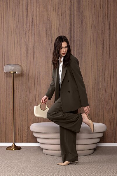 Antioch Khaki Regular Fit Double Breasted Women's Blazer Jacket