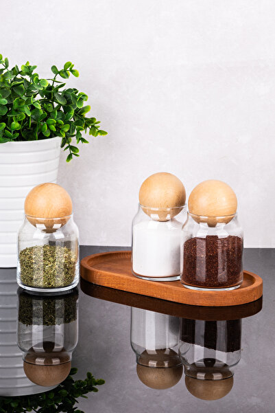 DNS HOME 3-Piece Glass Jar Set with Wooden Stand Wooden Ball Lid Jar Set Spice Shaker 300 ml