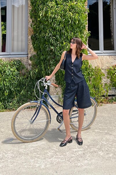 Antioch Lacivert Keten Karışımlı Kadın Bermuda