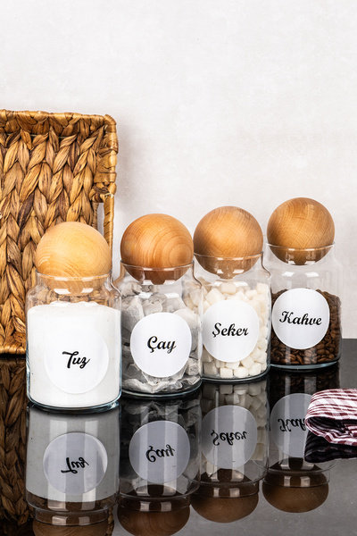 DNS HOME 4-Piece Wooden Ball Jar with Lid Set Tea Sugar Coffee Salt Label Storage Container Jar 800ml