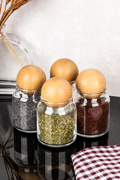 DNS HOME 4 Piece Glass Jar Set with Wooden Ball Lid Spice Jar Set 300 ml