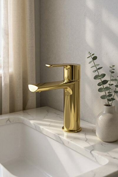 İSAOĞLU YAPI خلاط حوض لارانسيا ذهبي لامع، خلاط حوض ذهبي، صنبور ذهبي