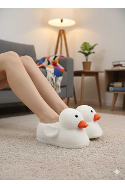 Migenty beyaz ördek figürlü kadın panduf süper yumuşak peluş kumaş ev pandufu...