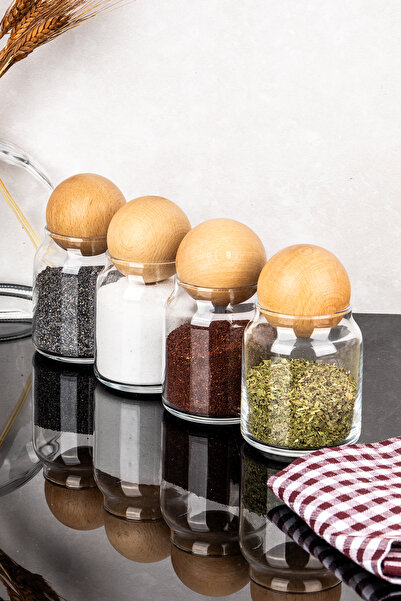 DNS HOME 4 Piece Glass Jar Set with Wooden Ball Lid Spice Jar Set 300 ml