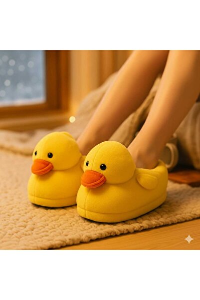 Migenty sarı ördek figürlü kadın panduf süper yumuşak peluş kumaş ev pandufu kaymaz tabanlı yeni sezon