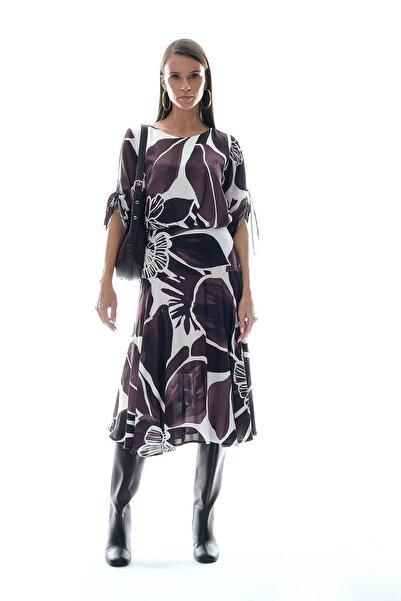 EXPLOSION Desenli Saten Beli Lastikli Kloş Midi Elbise