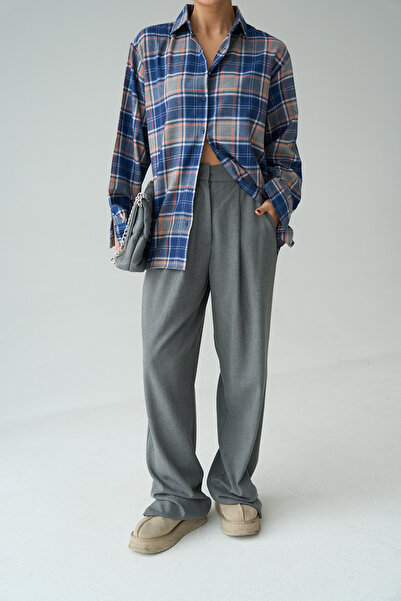 LOOSH Kadın Lacivert Düğmeli Oversize Ekoseli Gömlek