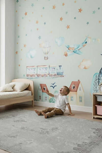 Kt Grup Uçak Tren Ve Tatlı Evler Pastel Renk Çocuk Odası Duvar Sticker Seti