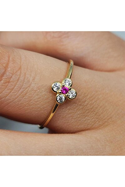 FasekGold Gümüş Yüzük - Minimal Papatya Ruby Taşlı (Lal Taşı) 925 Ayar Gümüş Yüzük