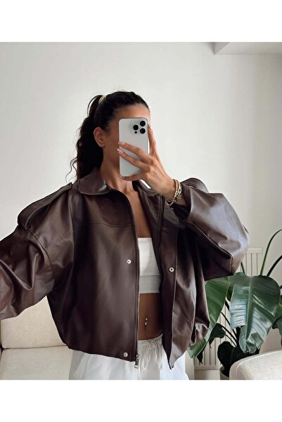 MEECY Дамско кожено яке тип бомбър с детайл от еполета за нов сезон