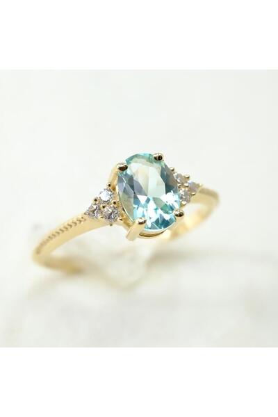 FasekGold Gümüş Yüzük - Oval Kesim Blue Topaz Yan Zirkon Taşlı Modern Tasarım 925 Ayar Gümüş Kadın Yüzük