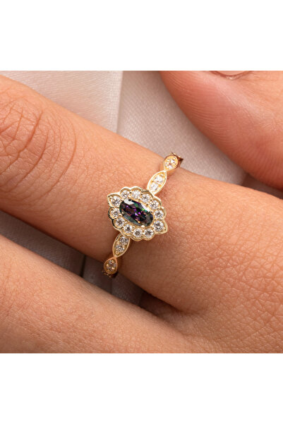 FasekGold Gümüş Yüzük - Oval Mistik Topaz Taşlı Yanları Zirkon Taşlarla Süsle...