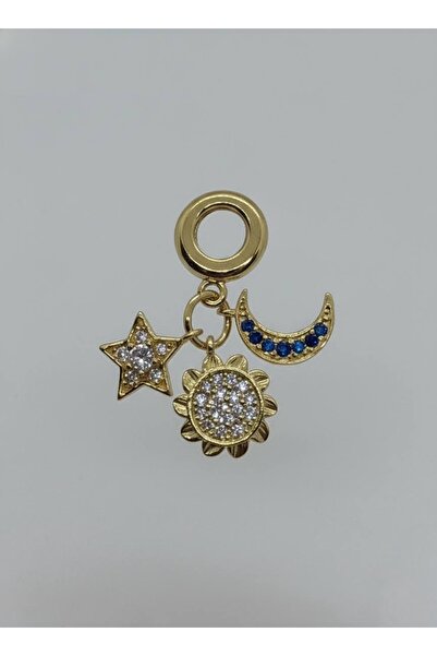 NG Altın Rengi Astrolojik Güneş Ay Yıldız Parlak Taşlı Charm Çarm Uyumlu Çelik Boncuk PN013G