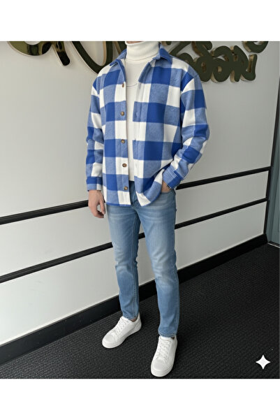 A&O Style Чоловіча синя oversize картата товста зимова флісова сорочка