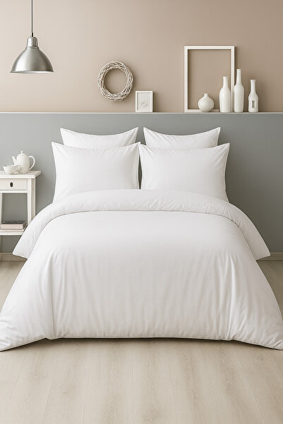 Gön Ev Tekstili طقم غطاء لحاف أبيض مزدوج - قطن كبير الحجم (63 خيط)