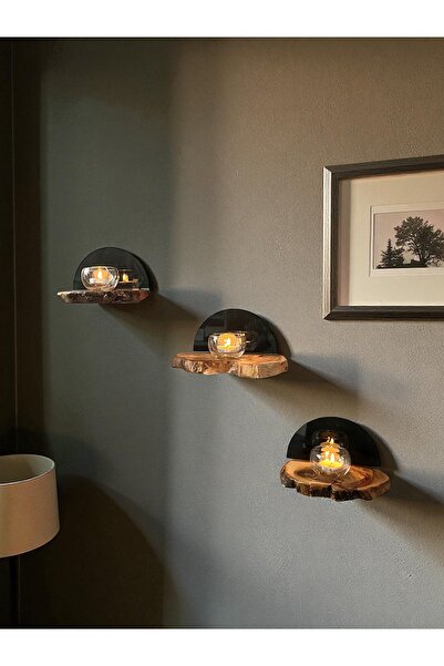 Home Zeytin Ağacı Dekoratif Füme Camlı Üçlü Set Duvar Rafı