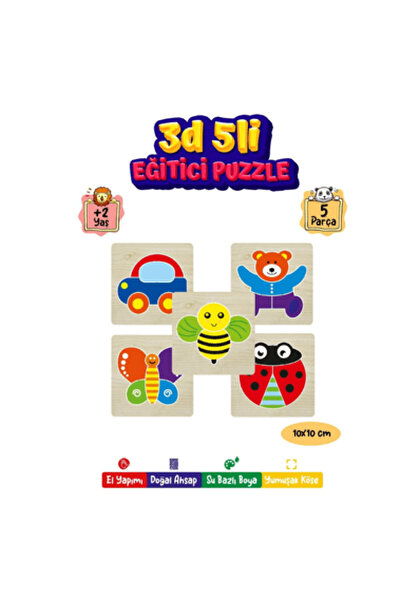 robokids Ahşap Eğitici 1 Bul-tak Puzzle (Kelebek, Ayı,Arı,Ugur Böcegi,Araba)set