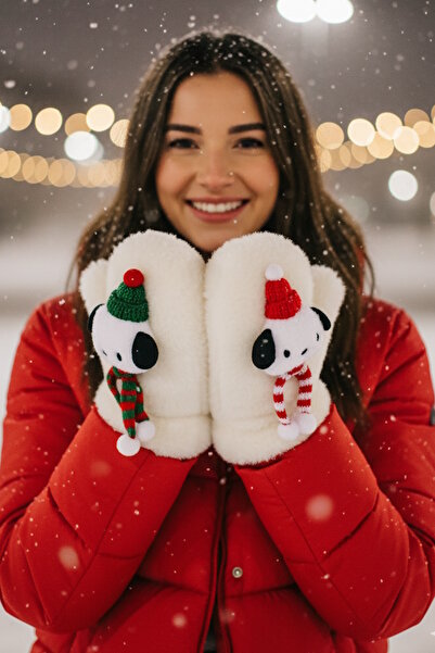 CAŞ DEKORASYON Cream Color Dog Figure Strap Plush Gloves