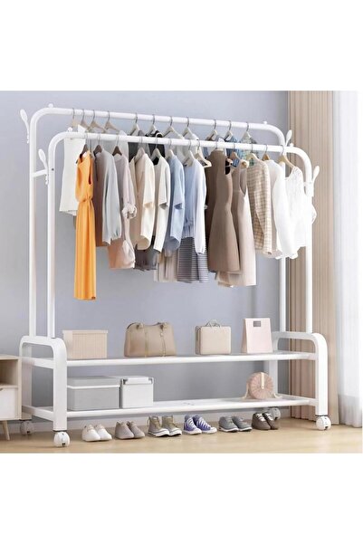 Aralifes رف ملابس معدني مزدوج محمول عالي التحمل مع عجلات وأرفف متعددة الاستخدامات مدمجة باللون الأبيض