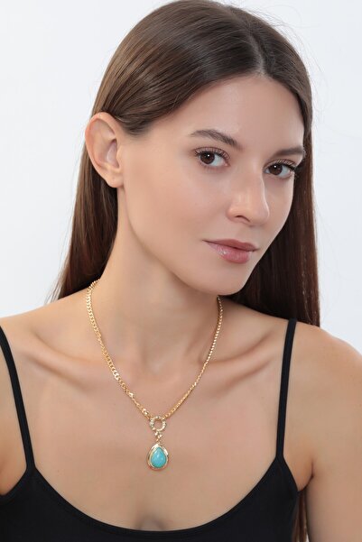 Bijuty قلادة نسائية بسلسلة من الحجر الطبيعي باللون الفيروزي - لون ذهبي - (مع ...