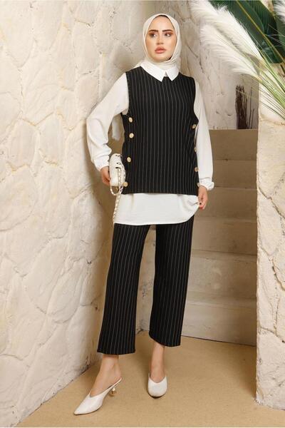TRENDTESETTÜR KADIN SİYAH ÇİZGİLİ ÜÇLÜ YELEKLİ TAKIM T 5443
