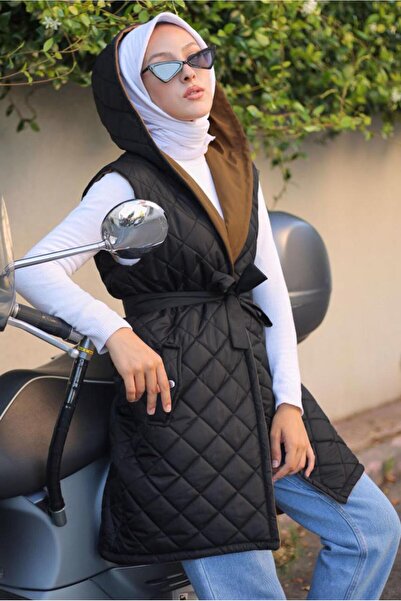 TRENDTESETTÜR ЖІНОЧИЙ ЧОРНИЙ (ЧОРНИЙ-КАМЕЛЬ) КАПЮШОН З ПАСОМ КАПІТОНОВИЙ НАДУВНИЙ ЖАКЕТ T 0321-1